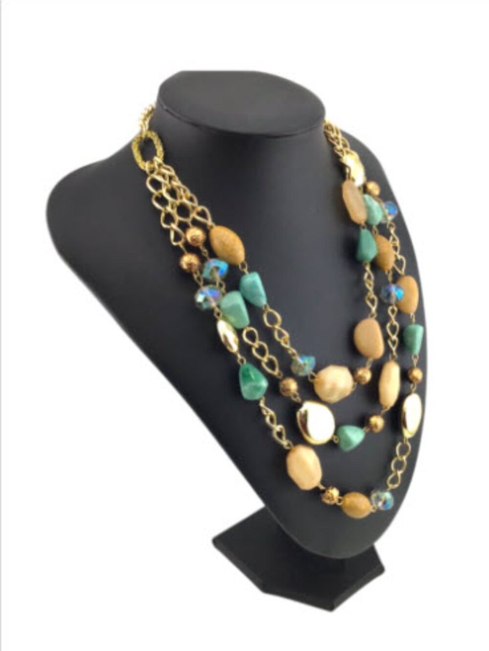 Vintage Layered Beaded Necklace Gold Tone Blue Green Cream Boho Resort Statement - Picture 4 of 10